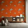Playful UFO and Stars Pattern Orange Kids Wallpaper 7