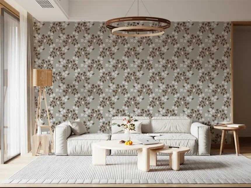 Neutral Bloom Rustic Grey White Oil Painted Pattern Wallpaper