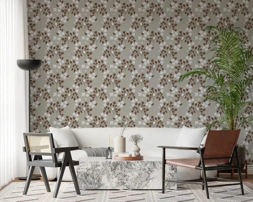 Neutral Bloom Rustic Grey White Oil Painted Pattern Wallpaper