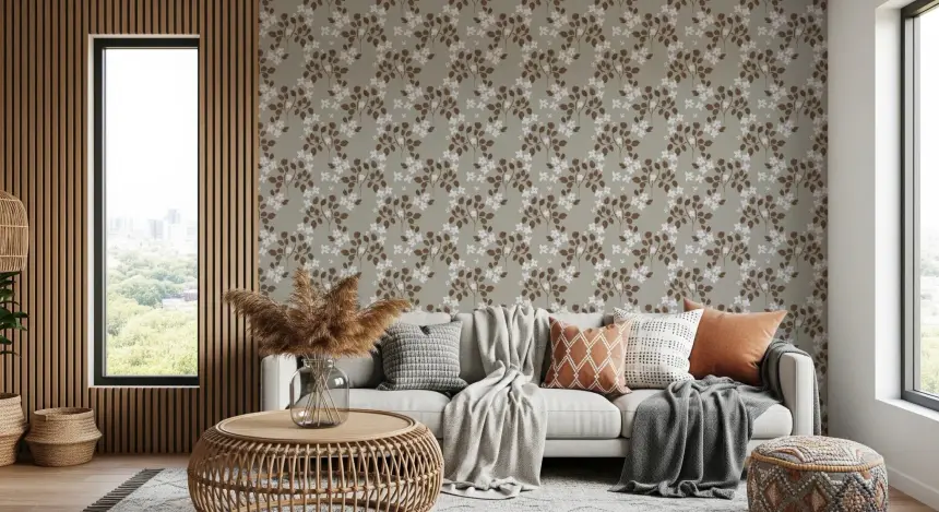 Neutral Bloom Rustic Grey White Oil Painted Pattern Wallpaper