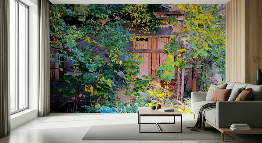 Overgrown Doorway: Nature's Embrace of Abandoned Ruins Wall Mural