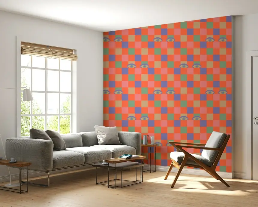 Peekaboo Retro Eyes Checkerboard Pink Cream Purple Mint Coral Orange Wallpaper