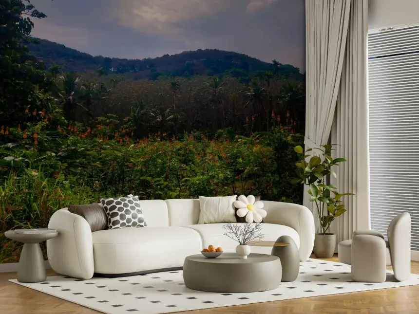 Tropical Canopy with Lush Red Flowers and Plants Photography Wall Mural