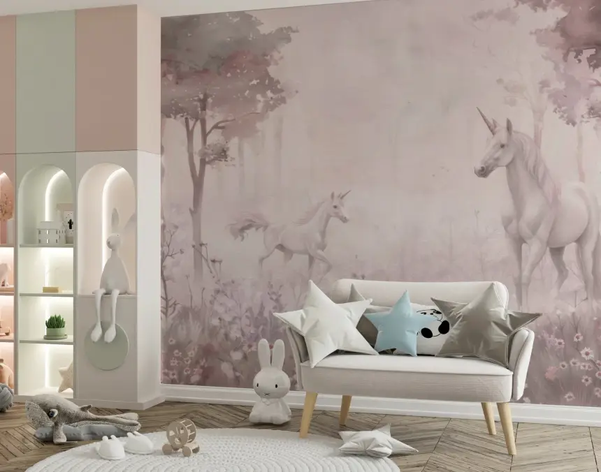 Unicorns in a Magical Dreamy Forest – Pink Wall Mural
