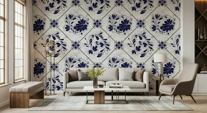 Vintage Indigo Floral Tiles Wallpaper
