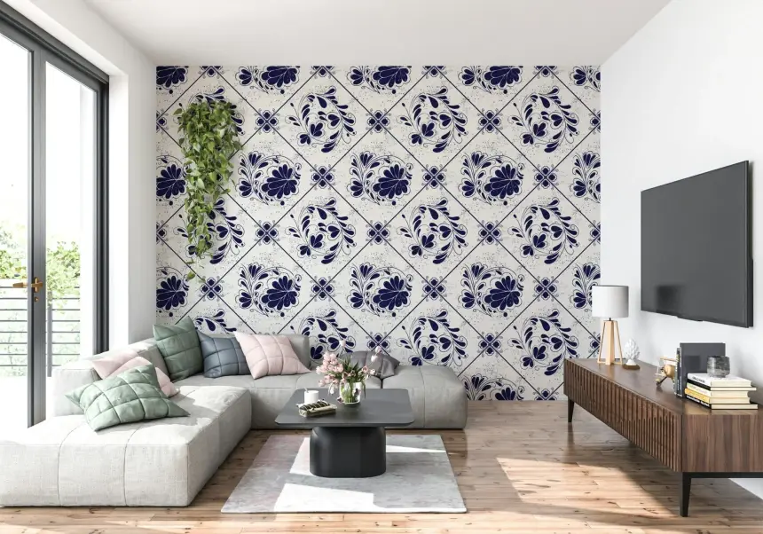 Vintage Indigo Floral Tiles Wallpaper