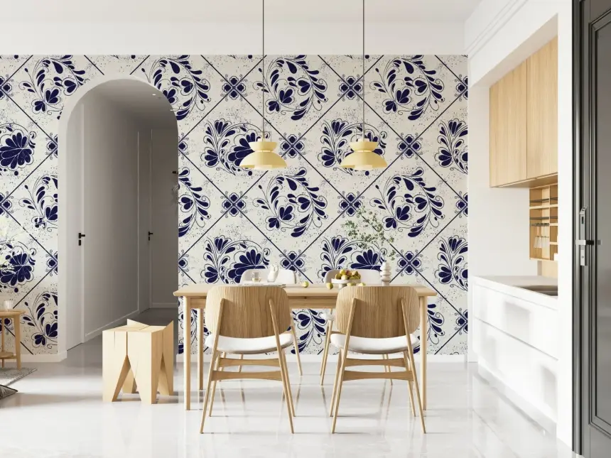 Vintage Indigo Floral Tiles Wallpaper