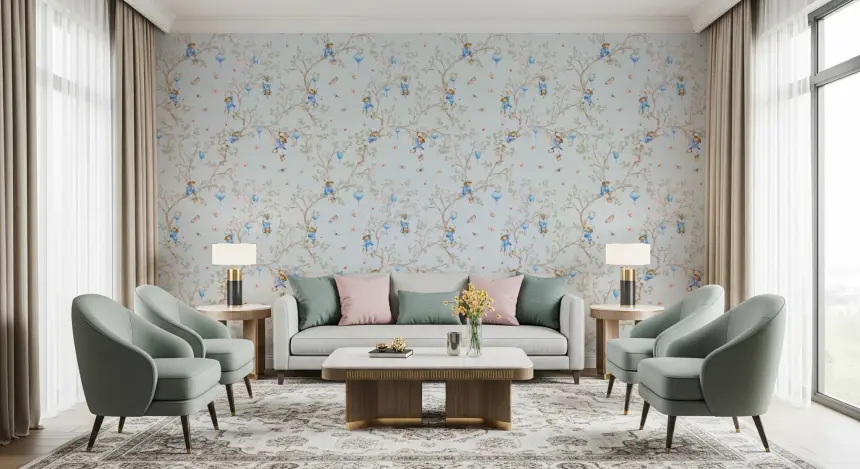 Vintage Rococo Chinoiserie Asian Lanterns with Monkeys and Sakura Flowers Blue Wallpaper