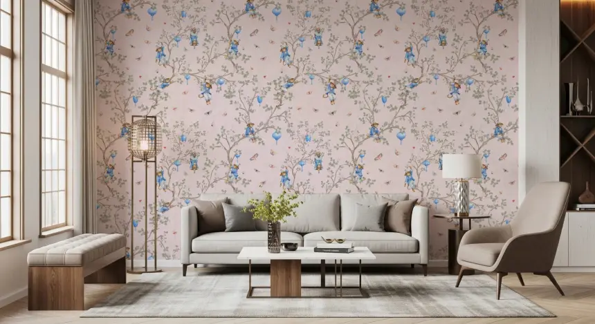 Vintage Rococo Chinoiserie Asian Lanterns with Monkeys and Sakura Flowers Pink Wallpaper