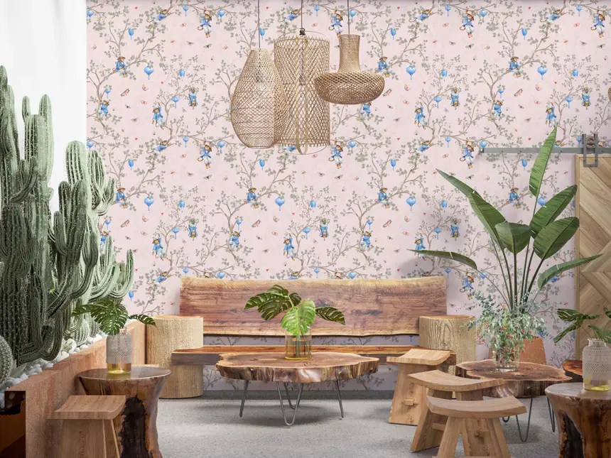 Vintage Rococo Chinoiserie Asian Lanterns with Monkeys and Sakura Flowers Pink Wallpaper
