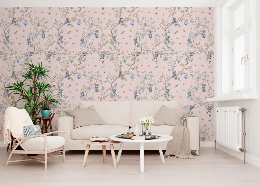 Vintage Rococo Chinoiserie Asian Lanterns with Monkeys and Sakura Flowers Pink Wallpaper