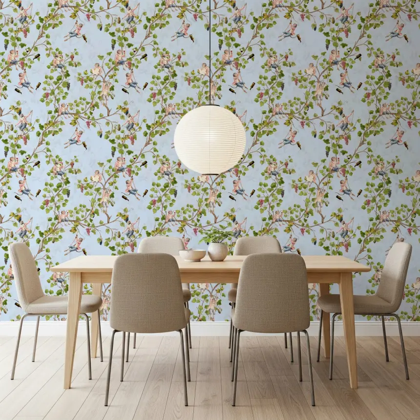 Whimsical Rococo Monkeys Wine Festival Aristocratic Vineyard Vintage Garden Blue Wallpaper