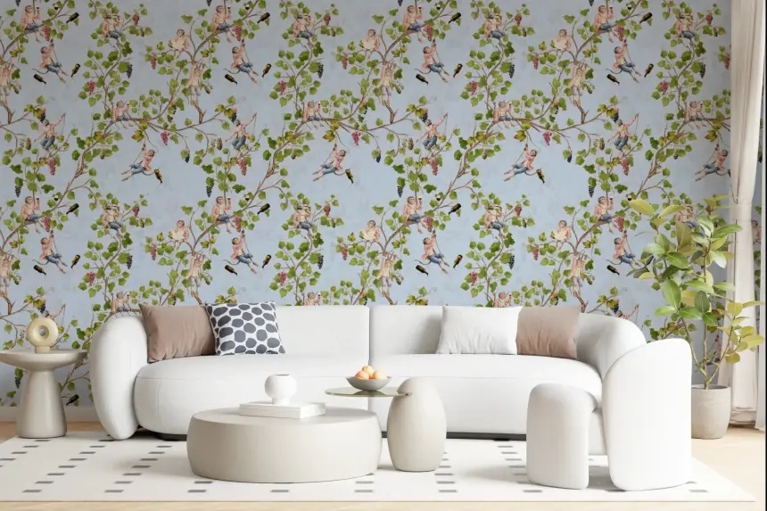 Whimsical Rococo Monkeys Wine Festival Aristocratic Vineyard Vintage Garden Blue Wallpaper