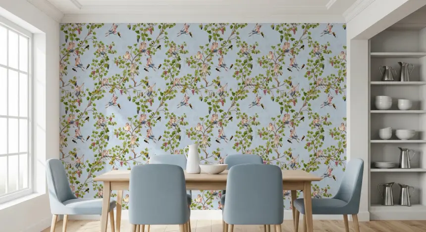 Whimsical Rococo Monkeys Wine Festival Aristocratic Vineyard Vintage Garden Blue Wallpaper