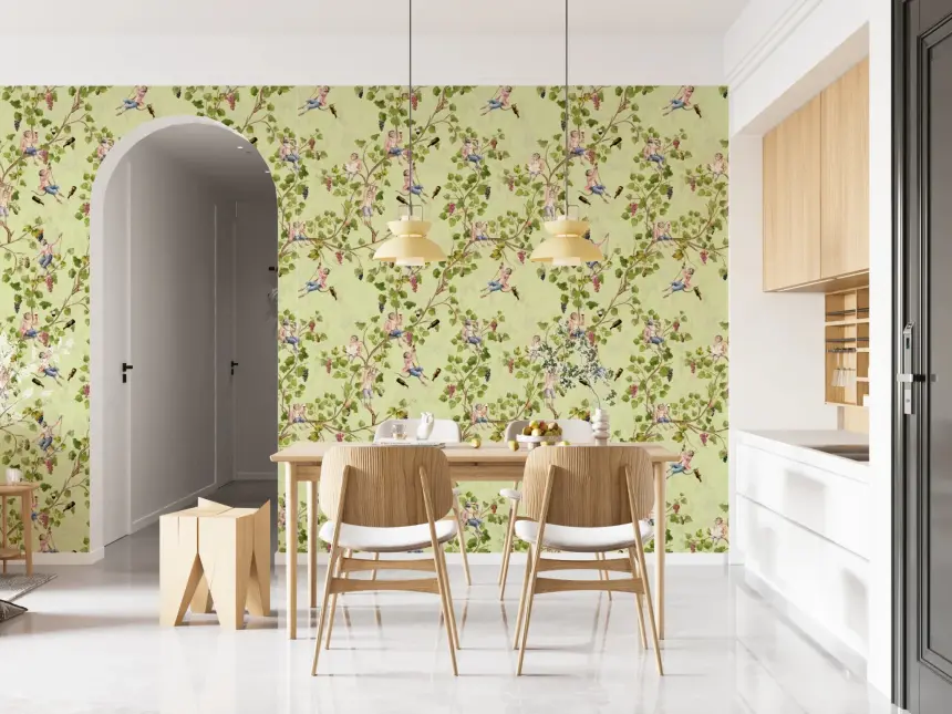 Whimsical Rococo Monkeys Wine Festival Aristocratic Vineyard Vintage Garden Green Wallpaper