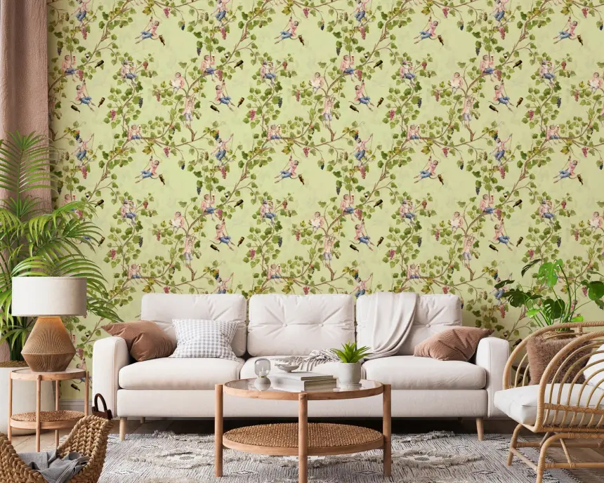 Whimsical Rococo Monkeys Wine Festival Aristocratic Vineyard Vintage Garden Green Wallpaper