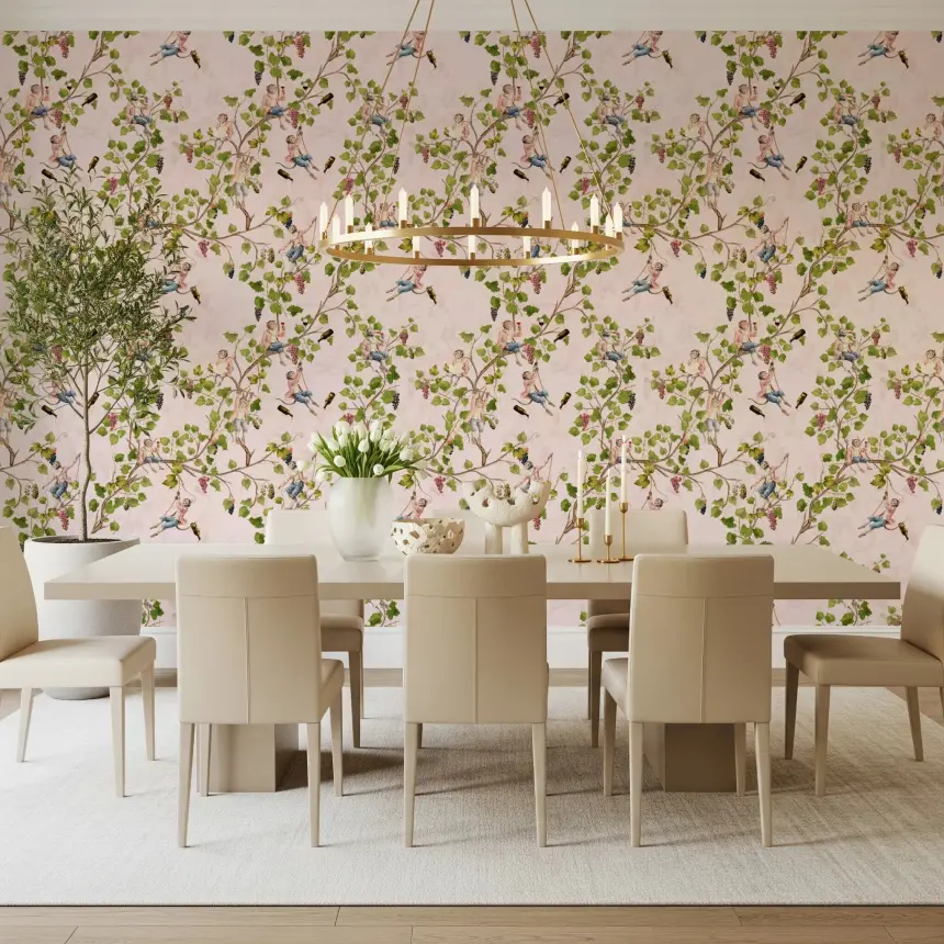 Whimsical Rococo Monkeys Wine Festival Aristocratic Vineyard Vintage Garden Pink Wallpaper