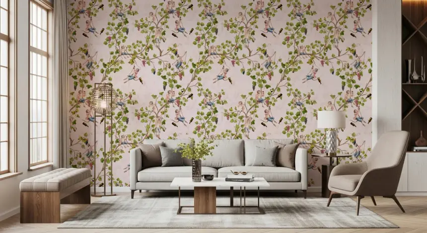 Whimsical Rococo Monkeys Wine Festival Aristocratic Vineyard Vintage Garden Pink Wallpaper