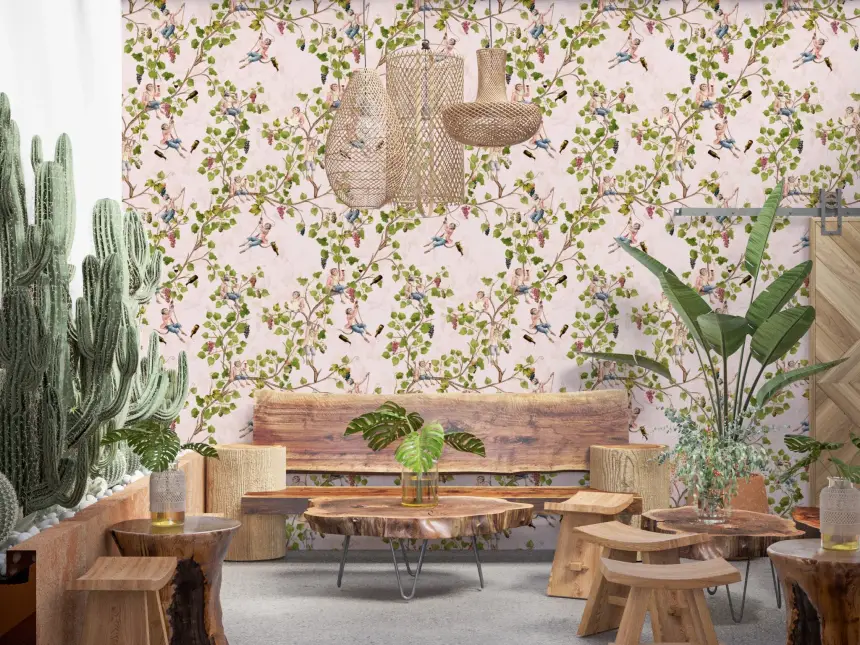 Whimsical Rococo Monkeys Wine Festival Aristocratic Vineyard Vintage Garden Pink Wallpaper