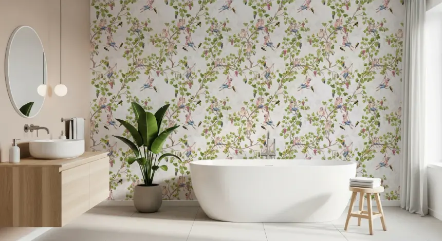 Whimsical Rococo Monkeys Wine Festival Aristocratic Vineyard Vintage Garden White Wallpaper