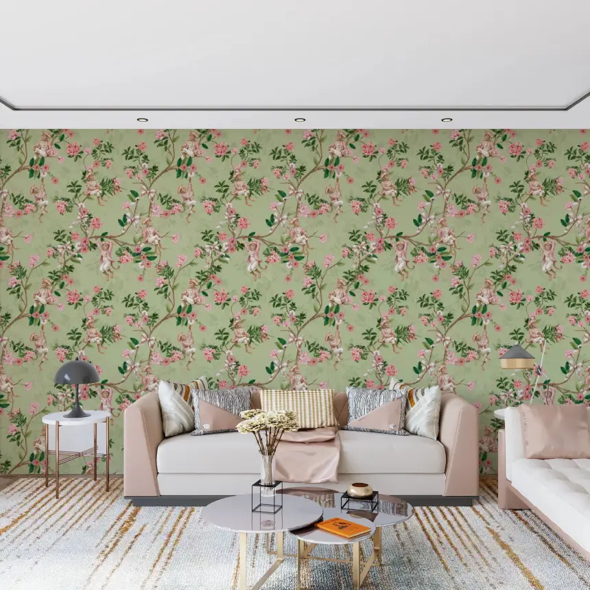 Whimsical Rococo Monkeys Wine Festival Vintage Aristocratic Vineyard Garden Party Green Wallpaper
