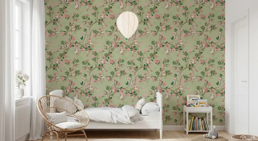 Whimsical Rococo Monkeys Wine Festival Vintage Aristocratic Vineyard Garden Party Green Wallpaper