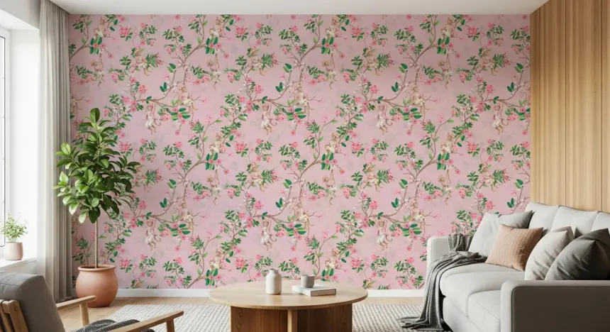 Whimsical Rococo Monkeys Wine Festival Vintage Aristocratic Vineyard Garden Party Pink Wallpaper
