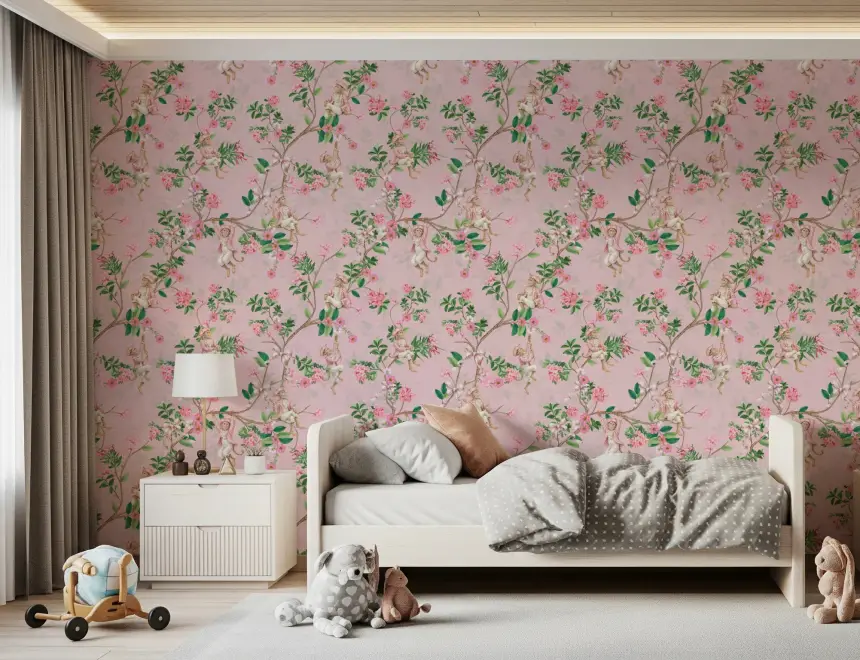 Whimsical Rococo Monkeys Wine Festival Vintage Aristocratic Vineyard Garden Party Pink Wallpaper