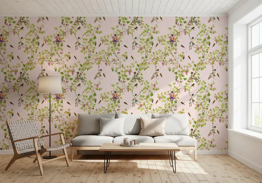Whimsical Rococo Monkeys Wine Festival Vintage Aristocratic Vineyard Garden Pink Wallpaper