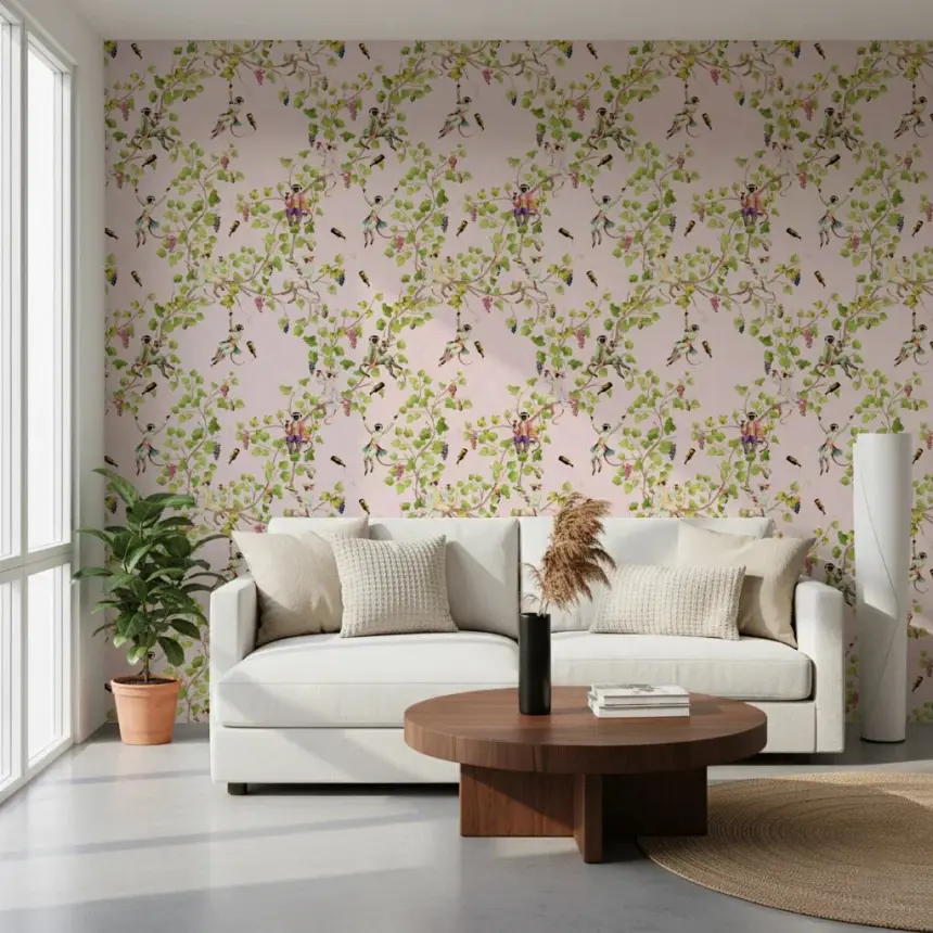 Whimsical Rococo Monkeys Wine Festival Vintage Aristocratic Vineyard Garden Pink Wallpaper