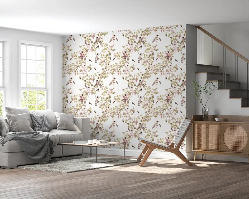 Whimsical Rococo Monkeys Wine Festival Vintage Aristocratic Vineyard Garden White Wallpaper
