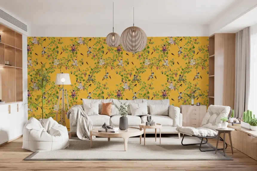 Whimsical Rococo Monkeys Wine Festival Vintage Aristocratic Vineyard Garden Yellow Wallpaper