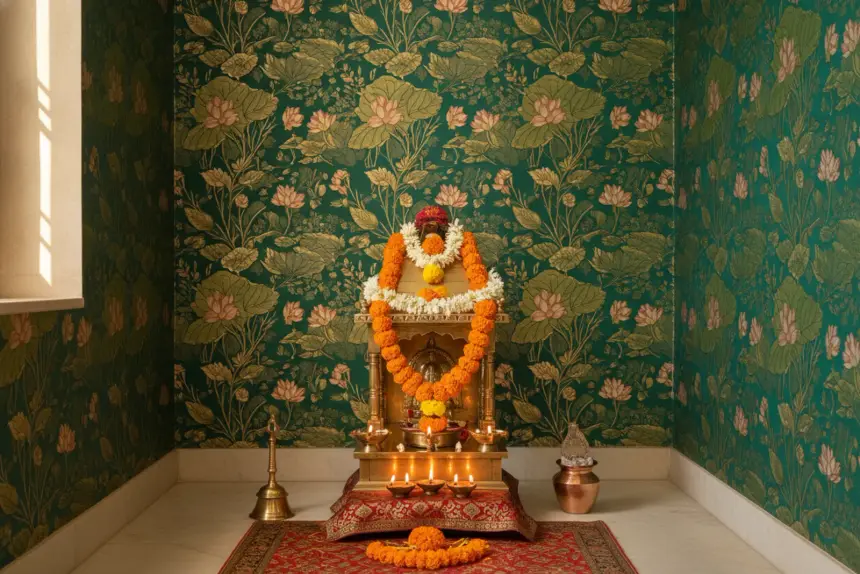 Pooja Room Wallpaper Ideas: 7 Devotional Walls, Vastu Notes and Sizing for Indian Homes