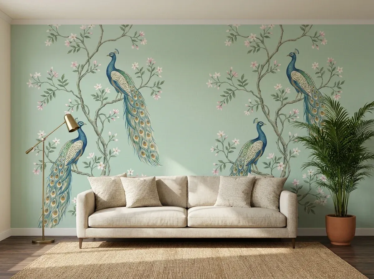 Peacock Chinoiserie behind the sofa