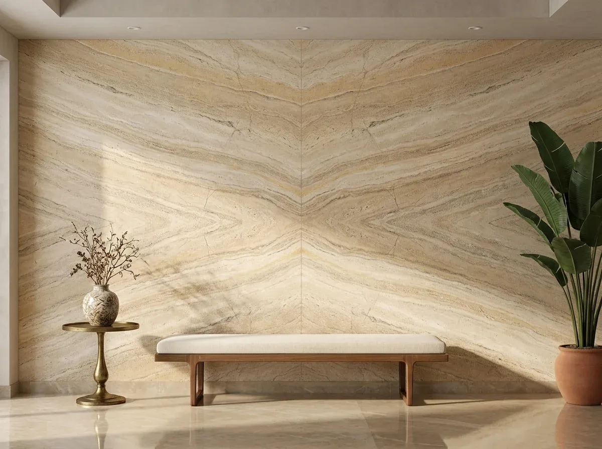 Travertine Stone Slab behind a reception desk