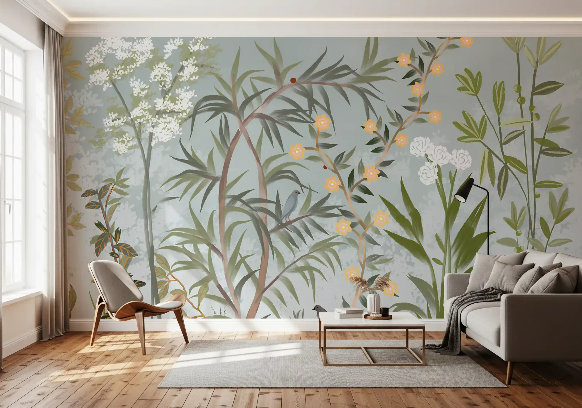 Chinoiserie, Japanese Style, Oriental, Crane Birds, Pine Trees, White Florals, Blossom, Clouds, Sky, Forest, Nature, Serene, Elegant, Vintage Inspired, Asian Art, Botanical, Delicate, Wall Mural