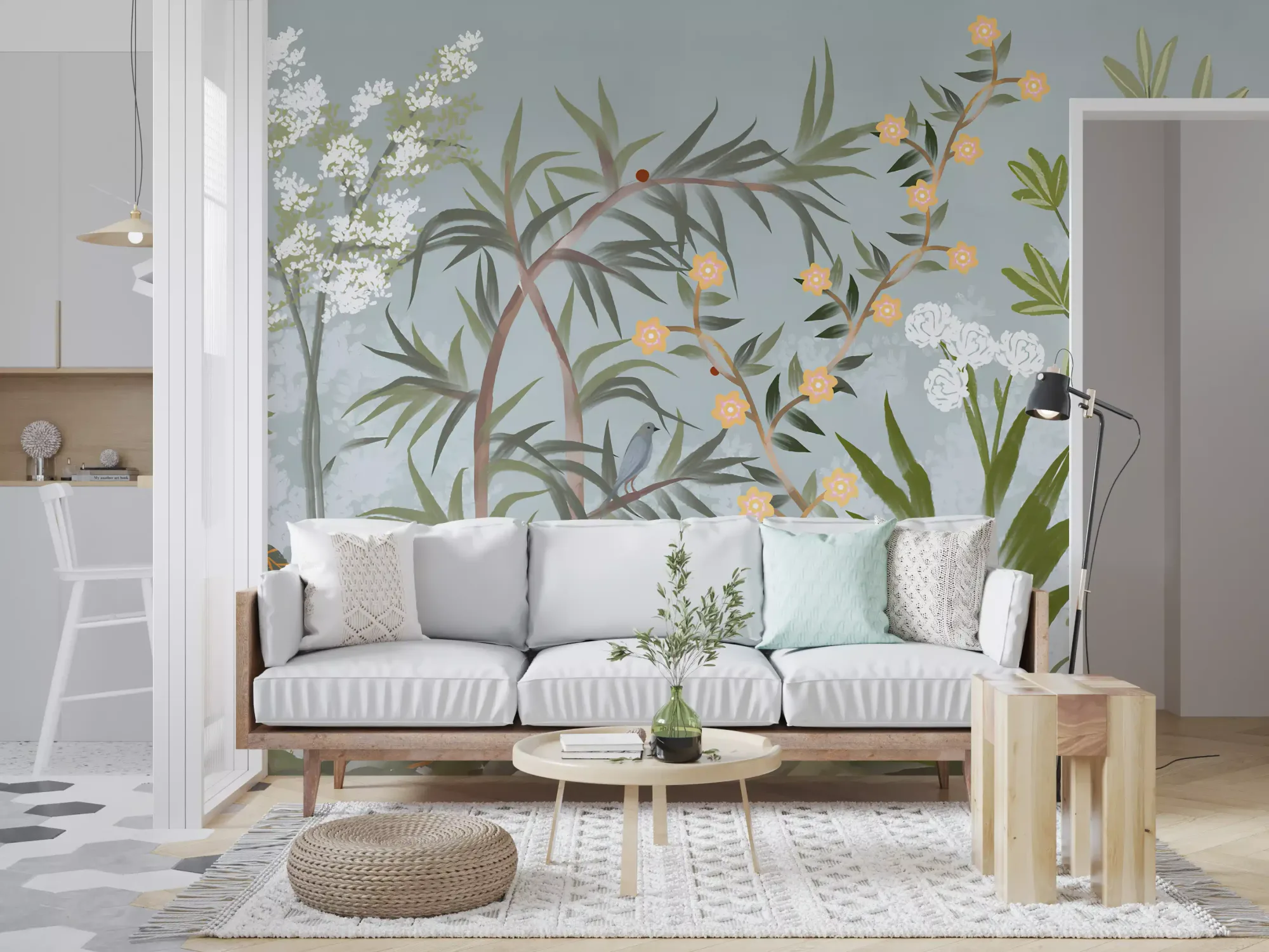 Chinoiserie, Japanese Style, Oriental, Crane Birds, Pine Trees, White Florals, Blossom, Clouds, Sky, Forest, Nature, Serene, Elegant, Vintage Inspired, Asian Art, Botanical, Delicate, Wall Mural