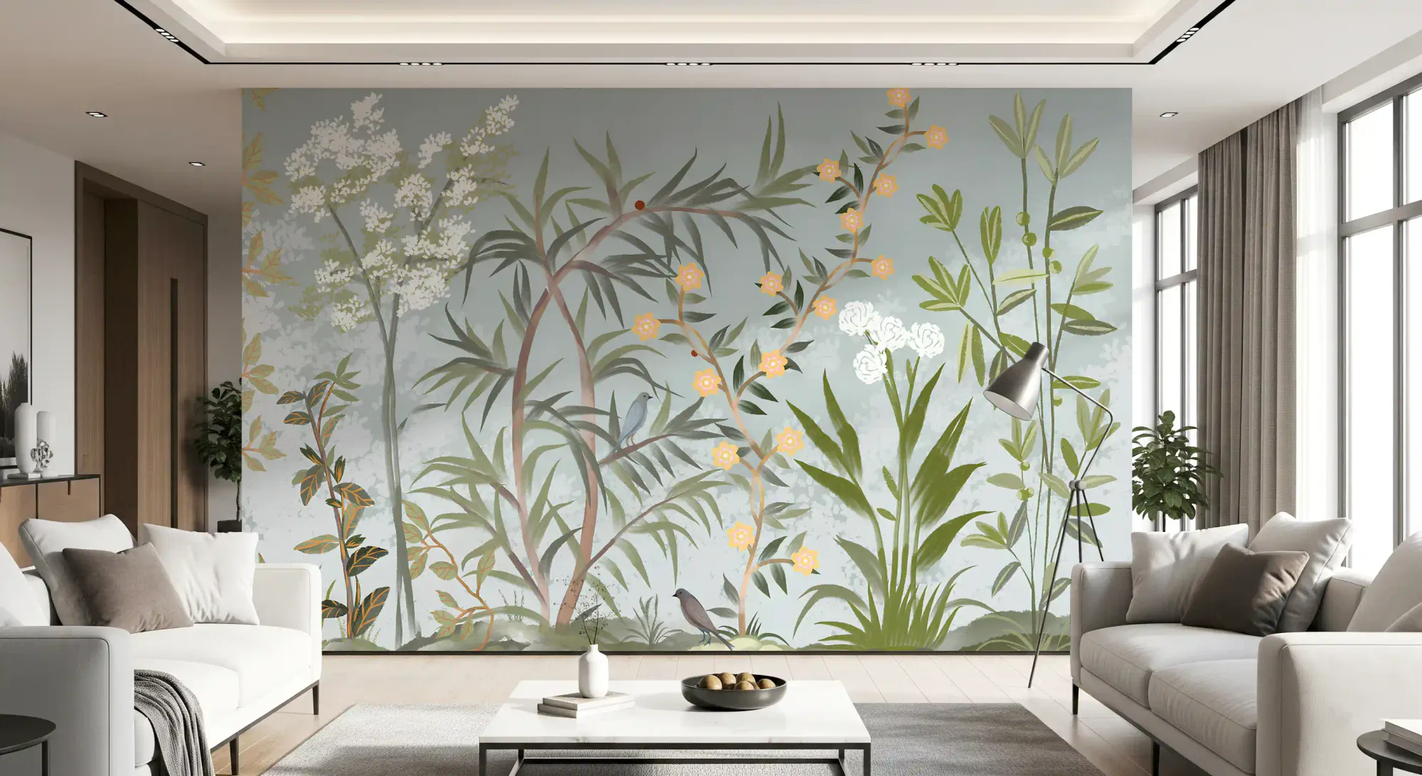 Chinoiserie, Japanese Style, Oriental, Crane Birds, Pine Trees, White Florals, Blossom, Clouds, Sky, Forest, Nature, Serene, Elegant, Vintage Inspired, Asian Art, Botanical, Delicate, Wall Mural