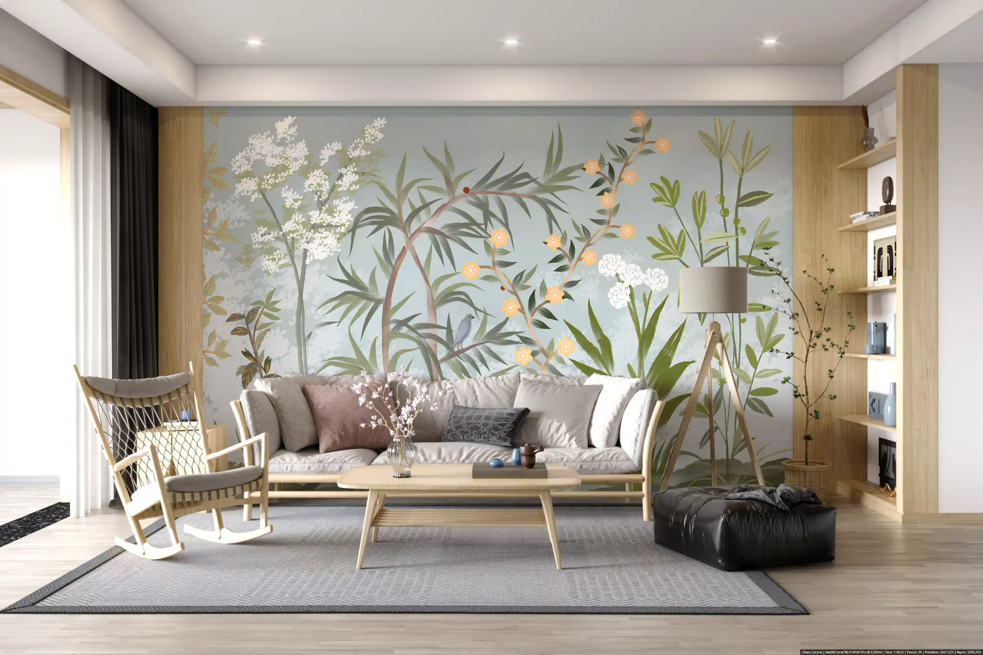 Chinoiserie, Japanese Style, Oriental, Crane Birds, Pine Trees, White Florals, Blossom, Clouds, Sky, Forest, Nature, Serene, Elegant, Vintage Inspired, Asian Art, Botanical, Delicate, Wall Mural