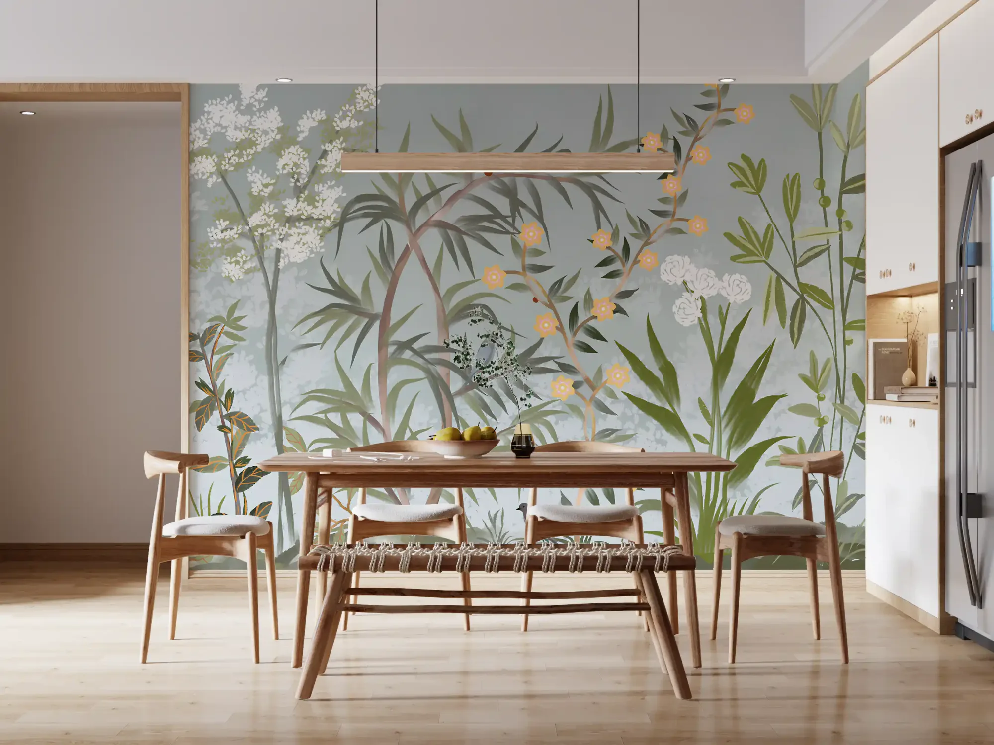 Chinoiserie, Japanese Style, Oriental, Crane Birds, Pine Trees, White Florals, Blossom, Clouds, Sky, Forest, Nature, Serene, Elegant, Vintage Inspired, Asian Art, Botanical, Delicate, Wall Mural
