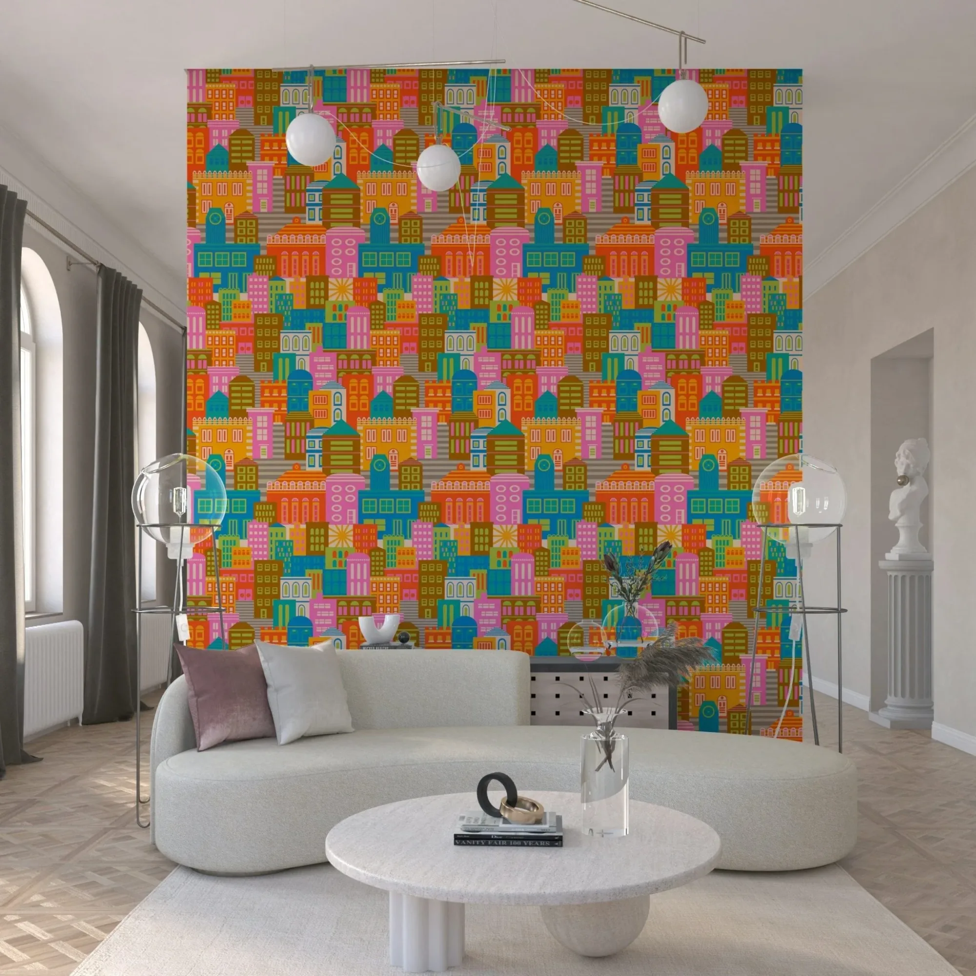 City Lights by Day Vintage Travel Bright Geometric Buildings Sunny Rainbow Brights Wallpaper