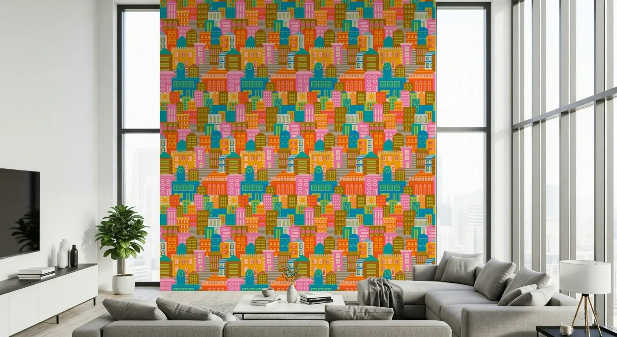 City Lights by Day Vintage Travel Bright Geometric Buildings Sunny Rainbow Brights Wallpaper