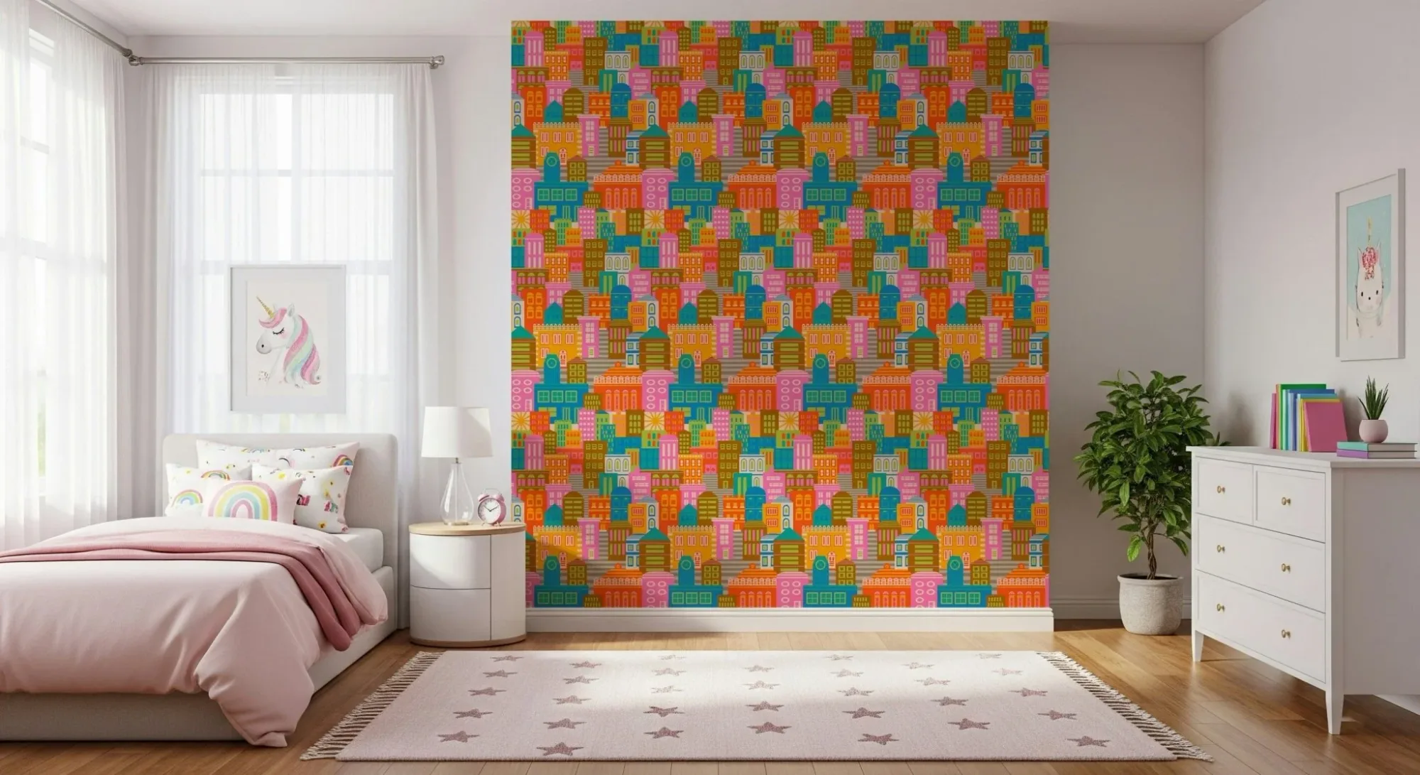 City Lights by Day Vintage Travel Bright Geometric Buildings Sunny Rainbow Brights Wallpaper