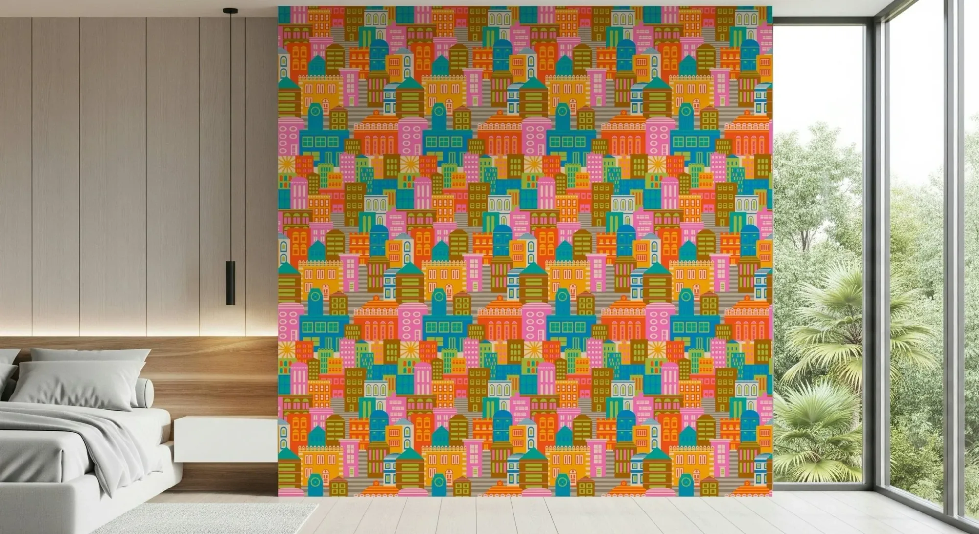 City Lights by Day Vintage Travel Bright Geometric Buildings Sunny Rainbow Brights Wallpaper