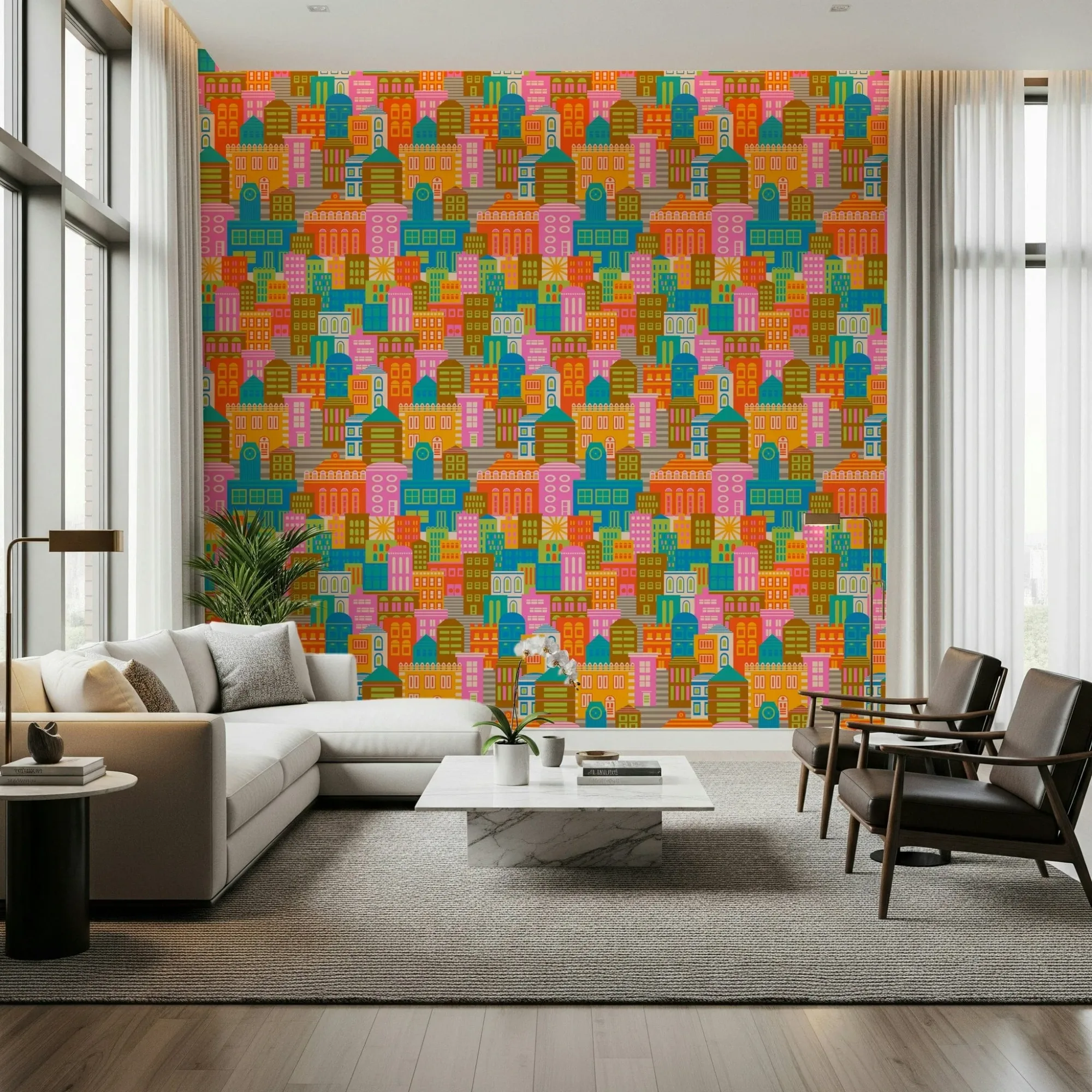 City Lights by Day Vintage Travel Bright Geometric Buildings Sunny Rainbow Brights Wallpaper