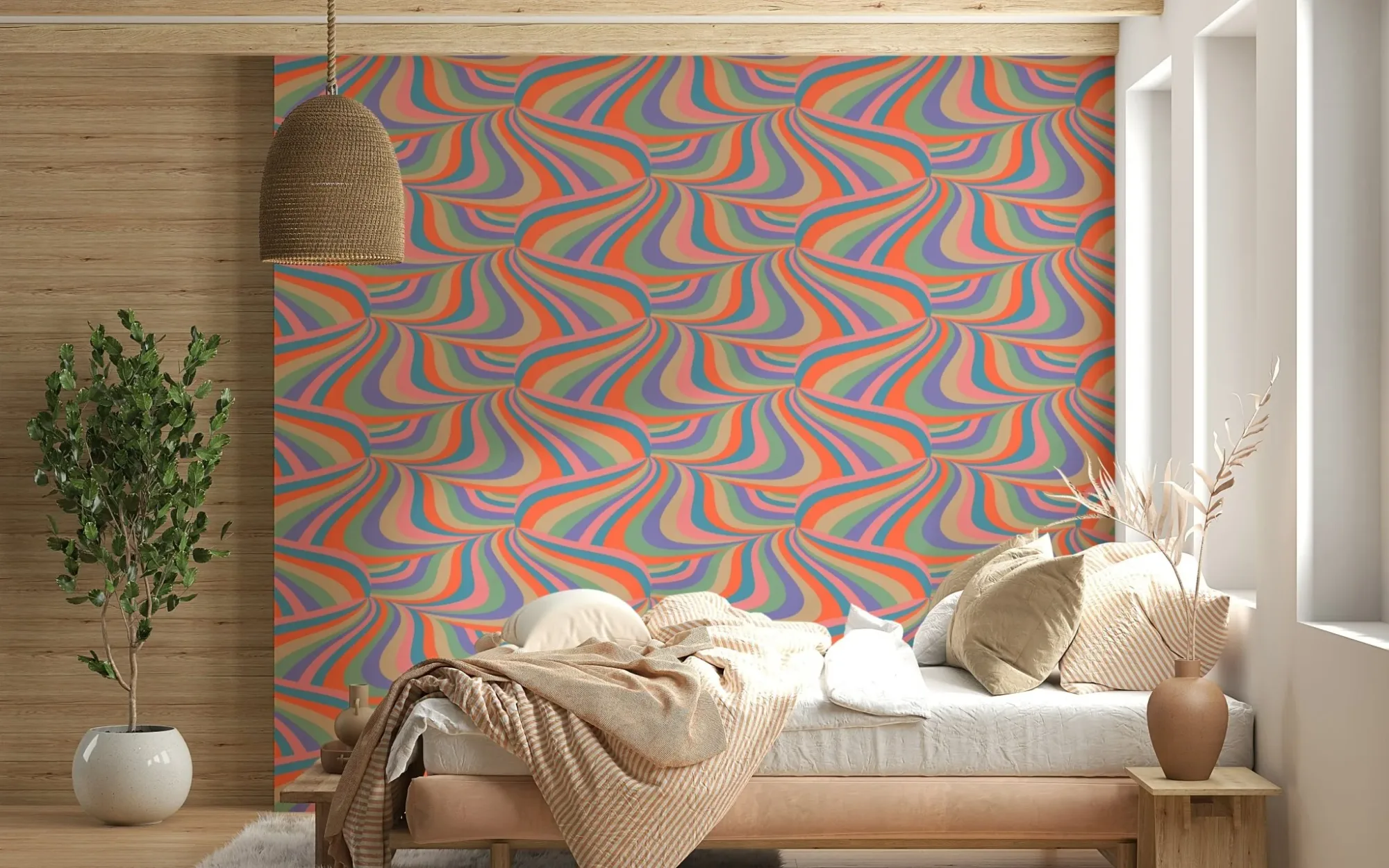 Marble Swirl Groovy Retro Abstract Stripes Colorful Pink Purple Blue Coral Mint Cream Wallpaper
