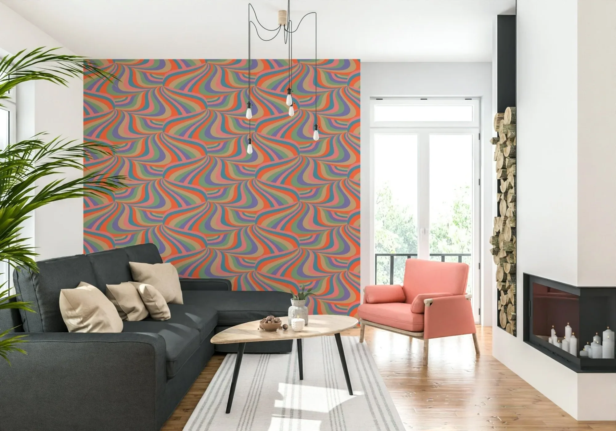 Marble Swirl Groovy Retro Abstract Stripes Colorful Pink Purple Blue Coral Mint Cream Wallpaper