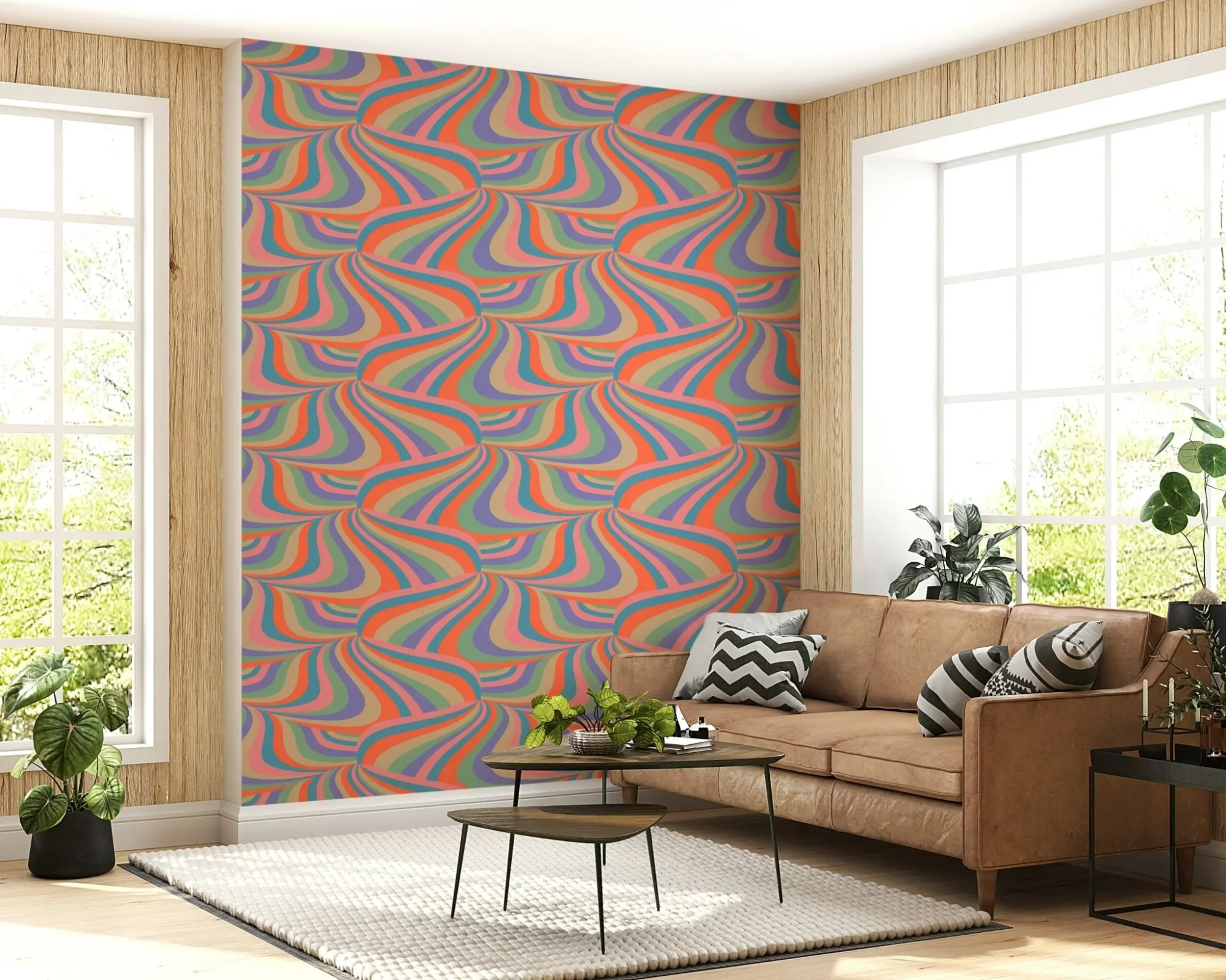 Marble Swirl Groovy Retro Abstract Stripes Colorful Pink Purple Blue Coral Mint Cream Wallpaper
