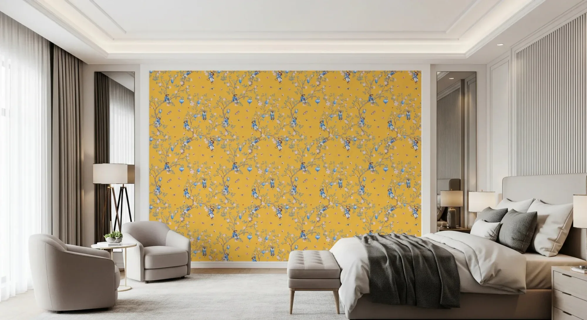Vintage Rococo Chinoiserie Asian Lanterns with Monkeys and Sakura Flowers Yellow Wallpaper