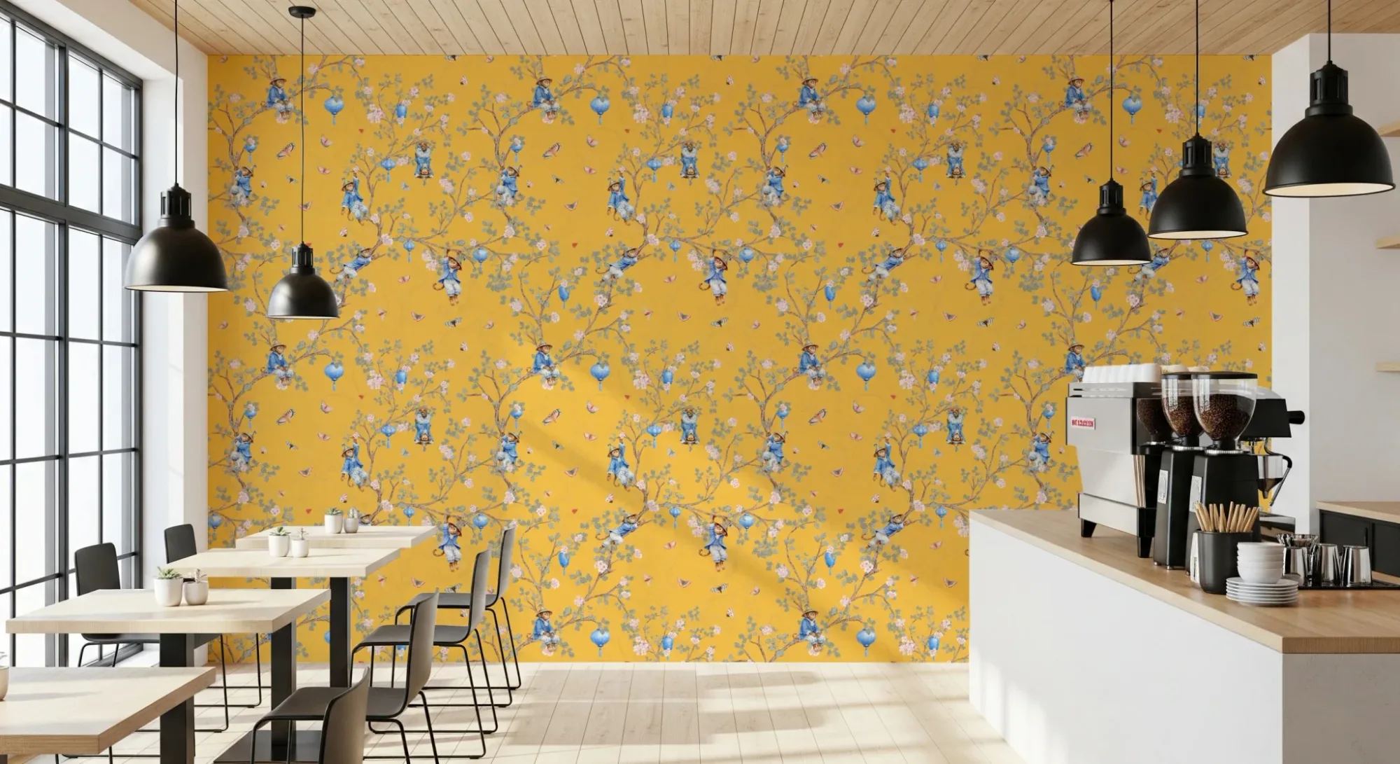 Vintage Rococo Chinoiserie Asian Lanterns with Monkeys and Sakura Flowers Yellow Wallpaper
